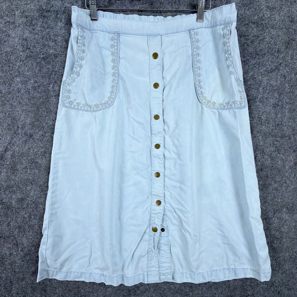 Soft Surroundings Midi Skirt Womens Medium Blue Embroidered Button Front Lyocell